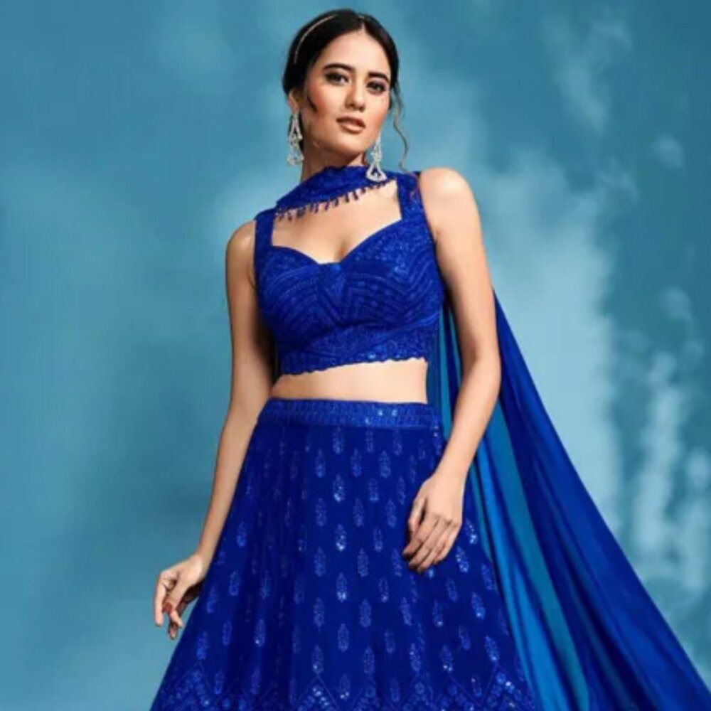 Embroidered Georgette Lehenga in Royal Blue